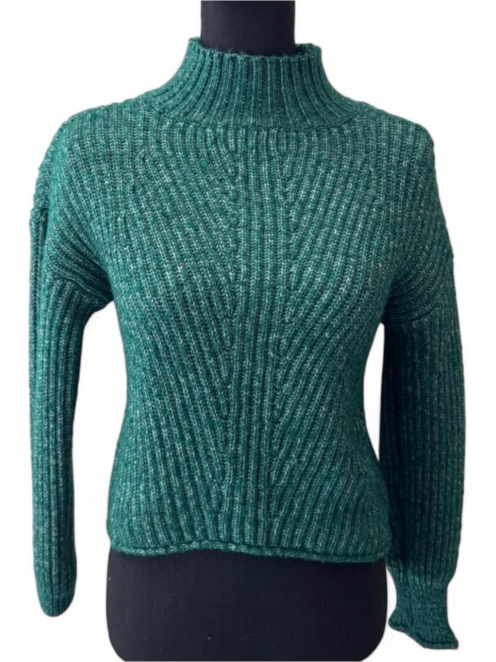 Green Ribbed Mock Neck Women's Sweater